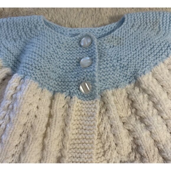 Handmade Baby Cardigan With Blue & White Knit Button Closure Long Sleeves 3 Mth - Picture 2 of 6